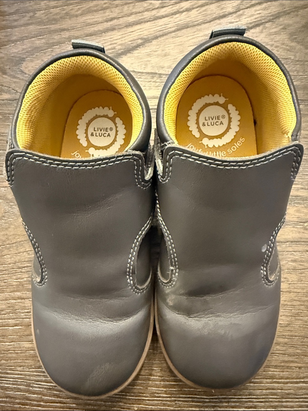 Livie & Luca Gray Leather Toddler Boots with Yellow Interior